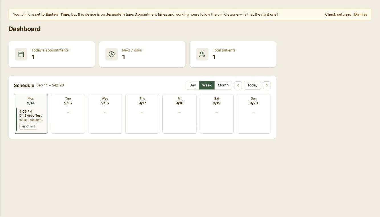 Dashboard — today's appointments, patients